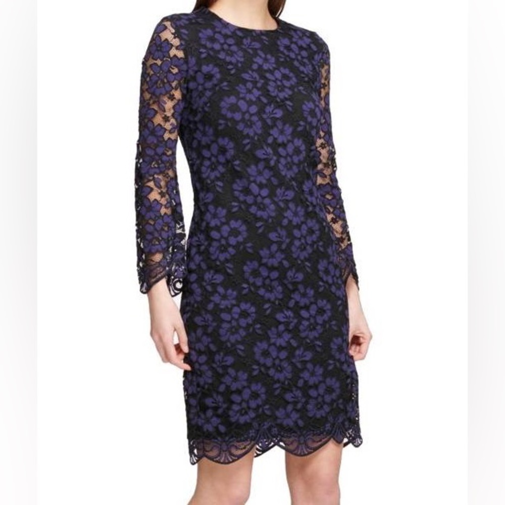 NWT Donna Karan New York Long-sleeve Black and Blue Lace Midi Dress, Size 6